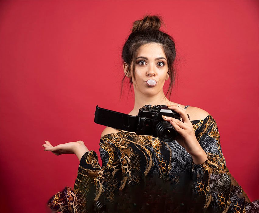 brunette photograph girl chewing gum and checking photo history
